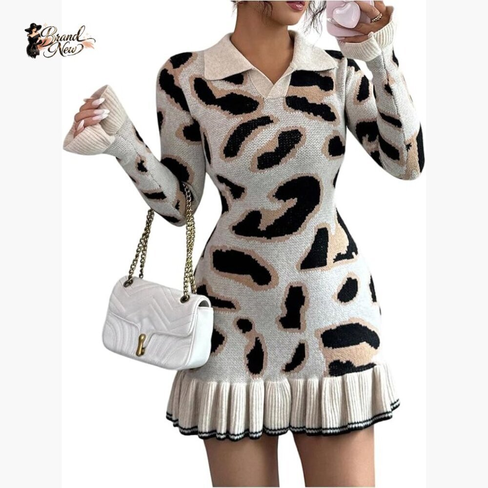 Long Sleeve Ruffle Bodycon Mini Sweater Dress Animal Print - Picture 1 of 5
